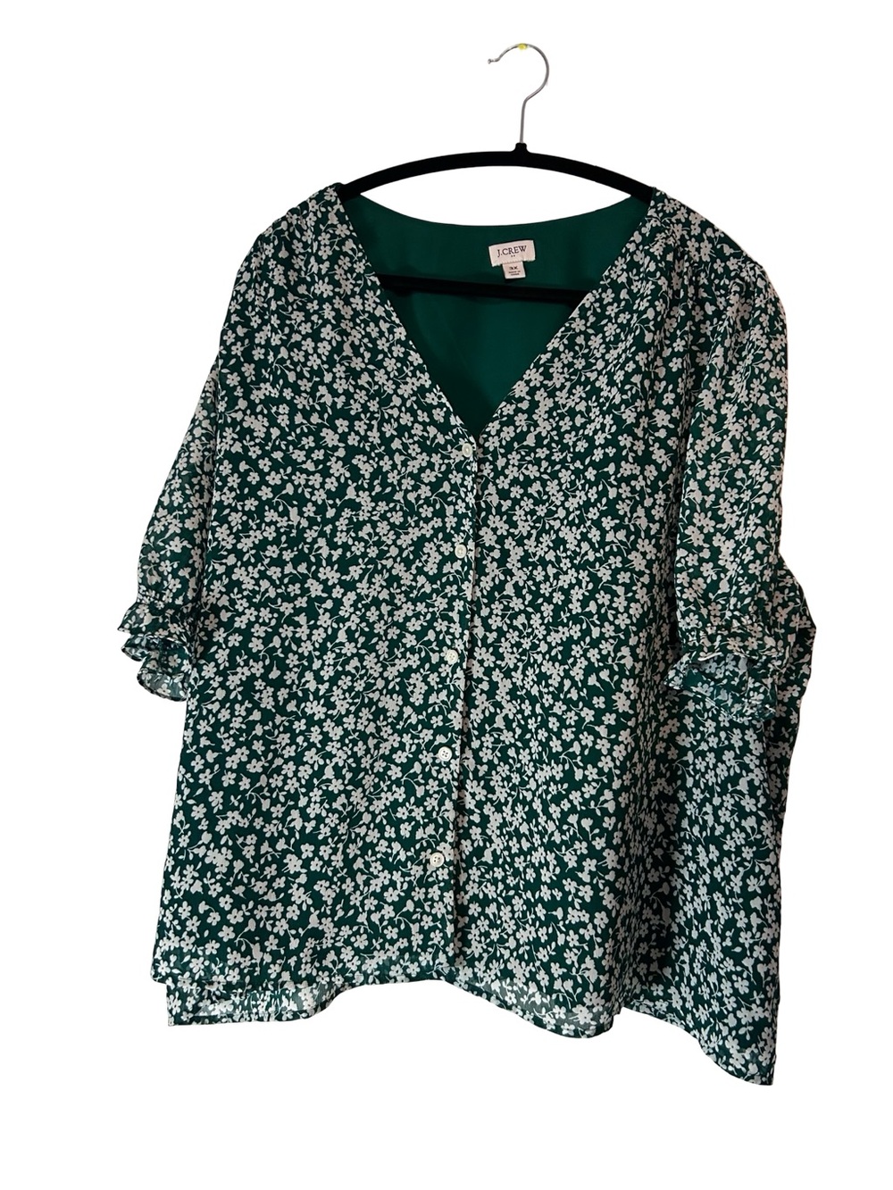 J. Crew Dark Green Floral V-Neck Button Blouse